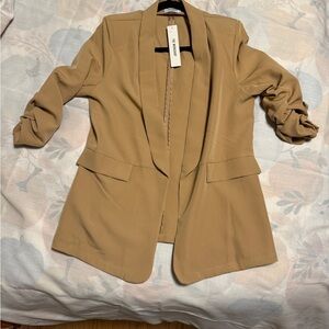 Women's Tan Blazer ruched sleeves